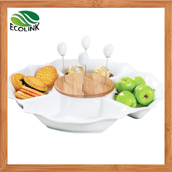 Ceramic Salad Bowl with Bamboo Stand and Fruit Fork