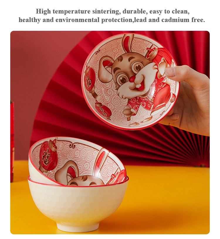 Rabbit Year Ceramic Bowl Gift Set 4.5inch Rabbit Bowls with Chopsticks for Chinese New Year OEM Logo