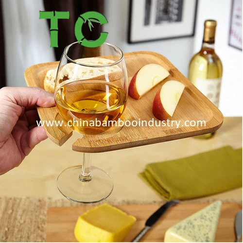 Bamboo Appetizer Tray Party Plate with Wine Glass Holder Cocktail Appetizer Plates with Plates with Beverage Holder