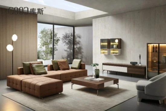 China Venta al por mayor Moderna villa italiana Hogar Sala de estar Lujo en forma de L Sofá seccional Tufting Muebles de cuero genuino Diván Sofá con mesa de centro